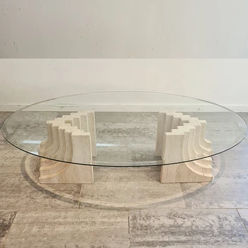 Современный роскошный Мраморный журнальный столик из травертина, закаленного стекла, овальный журнальный столик из натурального мрамора оптом на заказ, чайный столик