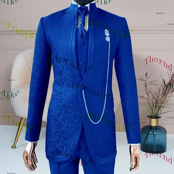 Комплект мужских костюмов Thorndike 3шт Королевский синий Жаккардовый Свадебный Смокинг Куртка Блейзер Брюки Костюмы Hommes Для жениха Официальные