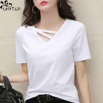 UHYTGF, Женские футболки с коротким рукавом, летняя новинка, свободная Корейская версия с V-образным вырезом, большой размер, однотонная прострочка, модный женский топ