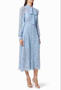2023 Новое женское светло-голубое кружевное платье с бантом из ленты и вышивки, длинное милое платье с длинным рукавом