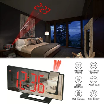 Светодиодный цифровой проекционный будильник для спальни, Проекция на потолок, электронный проектор времени, Прикроватные часы с двойным громким отключением звука