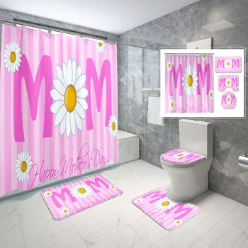 4 шт Набор занавесок для душа на День матери с крышкой унитаза и нескользящим ковриком для ванной, наборы водонепроницаемых занавесок для душа на розовом фоне