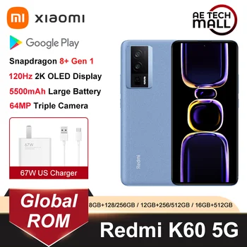 Redmi K60 5G K 60 Глобальная ПЗУ Snapdragon 8 Gen 1 Процессор 2K 120Hz Дисплей Батарея 5500mAh 64MP OIS Тройная камера 67w