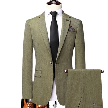 (Куртка + Брюки) 2021 Slim Fit Армейский Зеленый Костюм Homme Мужские Костюмы Для Свадьбы Из 2 предметов Terno Masculino Смокинг Жениха Блейзер Плюс Размер