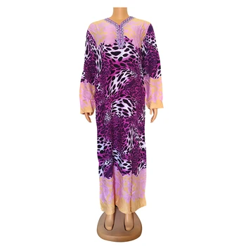 Винтажный африканский халат Dashikiage с V-образным вырезом, изысканная аппликация, Женское платье Макси с длинным рукавом, Леопардовый принт, Цветная гамма, вечерние платья
