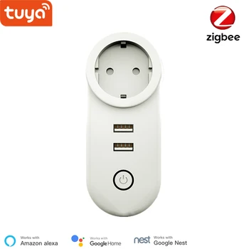 Tuya Smart Zigbee EU Plug APP Беспроводное Управление Tuya Zigbee 3.0 EU Socket Alexa Echo Голосовое Управление Двойная Зарядка через USB Google Home