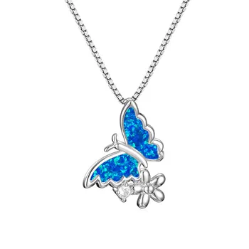 Ожерелье из сине-белого опалового камня, Милое ожерелье с подвеской в виде цветка бабочки, Изящные ожерелья-цепочки золотисто-серебряного цвета для женщин, ювелирные изделия