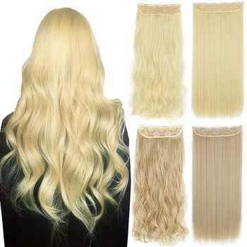 Синтетическое наращивание волос на 24 дюйма с 5 зажимами, Термостойкий Длинный волнистый черный шиньон для женщин, натуральные накладные волосы, черные блондинки