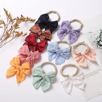 Новая однотонная кружевная повязка с вышивкой для маленьких мальчиков и девочек, летний галстук-бабочка для волос принцессы, нейлоновые ленты, бутик эластичных детских головных уборов
