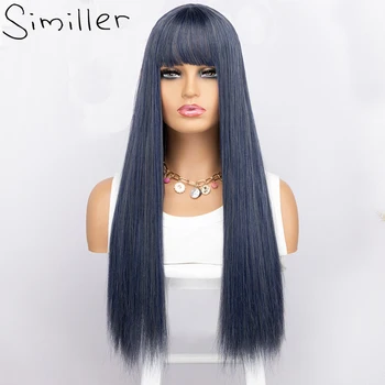 Женские термостойкие парики Similler из длинных синтетических волос с челкой, темно-синий парик с подсветкой для повседневного использования