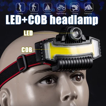 Налобный фонарь LED + COB для рыбалки, 5 режимов, мощный налобный фонарь, перезаряжаемый светодиодный налобный фонарь для самообороны, походная фара 18650