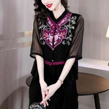 2023 женская блузка hanfu с национальной цветочной вышивкой, этническая блузка в стиле пэчворк, традиционный восточный костюм эпохи тан, блузка с шифоновыми рукавами