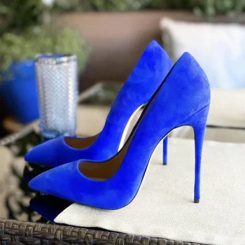 Элегантные синие замшевые туфли Без застежки с острым носком на шпильке 12 см, Модельные туфли на тонком каблуке, Обувь для банкета и вечеринки, Размер 45