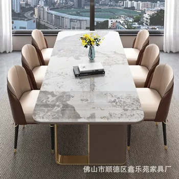 Легкая роскошная комбинация обеденного стола и стула из светлой каменной плиты 2 метра современный простой стол с большой плитой на 8 персон 10 мраморных прямоугольников