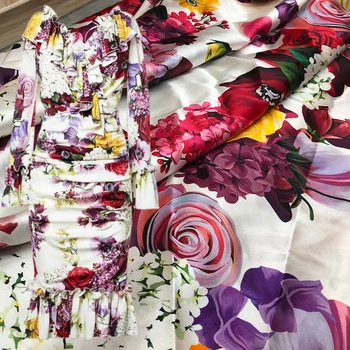 Итальянский бренд с принтом фиолетовых цветов, эластичный атлас, мягкая женская летняя модная одежда из полиэстера, ткань для платья, сшитая своими руками