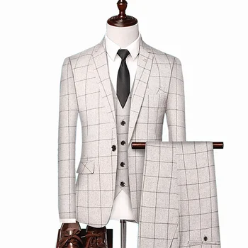 Мужской клетчатый жилет в британском стиле, блейзер, брюки, комплект из 3 предметов / Мужская мода высокого класса, тонкий Свадебный банкетный деловой костюм, пиджак, пальто