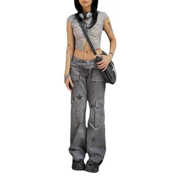 Уличная Винтажная женская одежда Джинсовые брюки карго с низкой посадкой и принтом в виде звезды, дизайн с большими карманами, прямые повседневные джинсовые брюки