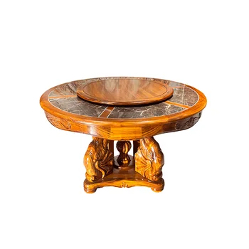 Обеденный стол из дерева Ugyen на заказ, круглый из натурального мрамора, резьба по массиву дерева с поворотным столом в сочетании