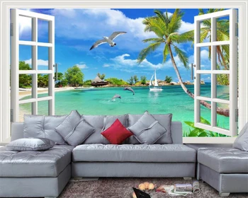 бейбеханг Индивидуальные современные обои для спальни пляж море кокосовая пальма голубое небо белое облако средиземноморские обои из папье-маше