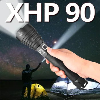 XHP90 Фонарик высокой мощности, яркий светодиодный фонарик, USB Перезаряжаемый, Водонепроницаемый, с телескопическим зумом, Портативный, для кемпинга на открытом воздухе