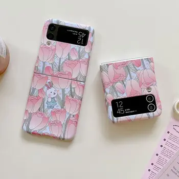 Корейский розовый чехол для телефона с цветочным тюльпаном для Samsung Galaxy Z Flip 4 ZFlip3 5G с мультяшным милым кроликом, твердая задняя крышка