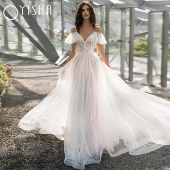 Oyisha Трапециевидное свадебное платье на бретельках с открытыми плечами, V-образный вырез, кружевные аппликации, тюль, расшитый блестками, шлейф, свадебные платья принцессы