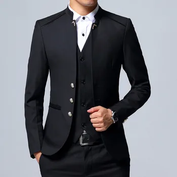 Мужской социальный классический костюм из 3 предметов для мужчин, приталенный осенний деловой блейзер со стоячим воротником, официальный свадебный костюм (куртка + брюки + жилет)