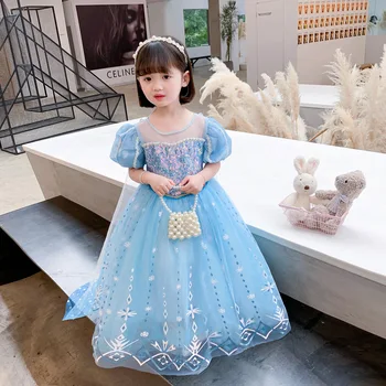 Летнее платье Замороженной Эльзы Disney, Детский праздничный костюм принцессы с коротким рукавом, Подарок на День рождения маленькой девочки, Рождественская одежда