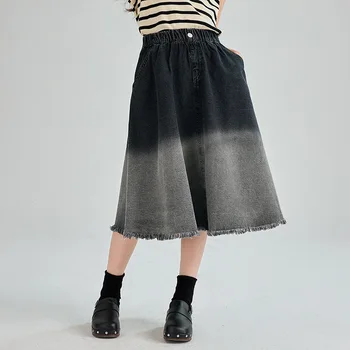 Джинсовые юбки-тай-дай для девочек-подростков, хлопковые повседневные юбки с эластичной резинкой на талии, 2023, Новый летний черно-серый цвет, #7346
