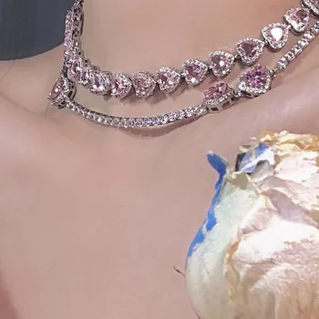 Модные розовые ожерелья в форме сердца, подвеска в виде капли Циркона, ожерелье на длинной цепочке, женские роскошные вечерние украшения