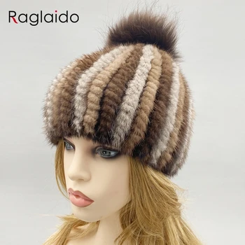 Женская зимняя шапка из вязаного меха норки с лисьим помпоном, теплые шапки из натурального меха в полоску