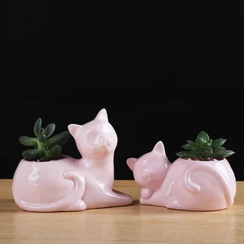 Белые керамические кашпо для кошек Розовые пары для котенка Цветочный горшок для суккулентов кактусов Декор для домашнего сада с дренажным отверстием