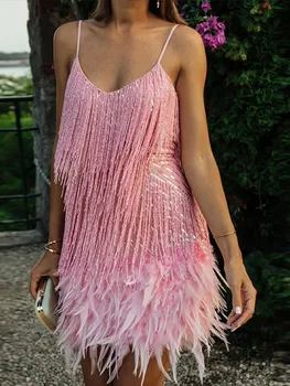 Сексуальное платье с кисточками из перьев и блестками на ремешке, женские летние мини-платья, модные вечерние клубные Элегантные Женские платья