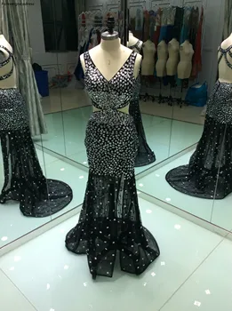 Длинное вечернее платье черного цвета, новый дизайн, сексуальное вечернее платье с открытой спиной, расшитое кристаллами, сшитое на заказ, плюс размер