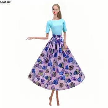 Синий комплект одежды, наряды для куклы Барби, платье для вечеринки, базовая рубашка и фиолетовая юбка в горошек, аксессуары для кукол 1/6, детские игрушки