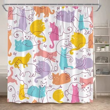 Забавные Кошки Занавески для душа Мультяшные животные Абстрактное искусство Современная детская занавеска для ванны из полиэстеровой ткани Декор ванной комнаты с крючками
