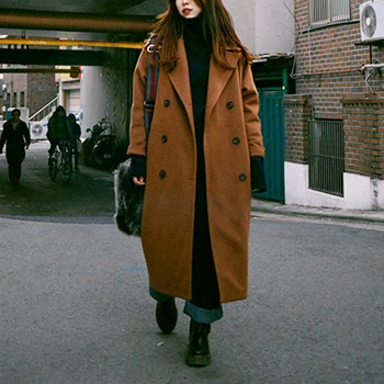Женское осенне-зимнее длинное шерстяное пальто 2021, женская Двубортная элегантная куртка с длинным рукавом и отложным воротником, повседневные пальто Z618