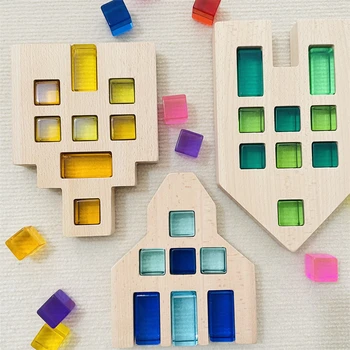 Акриловые прозрачные кубики Радужные полупрозрачные кубики, укладывающие игрушки, Сказочные окна, драгоценные блоки, развивающие игрушки Монтессори для детей