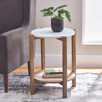 Круглый мраморный приставной столик с каркасом из цельного натурального дерева, приставной столик с отделкой из натурального дерева, идеальное дополнение к любой стороне вашего дивана, письменного стола или кровати