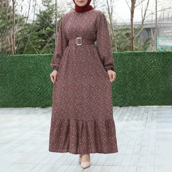 Женское платье с цветочным принтом, осень 2022, винтажная этническая Абая, Дубай, длинный рукав, скромные мусульманские модные платья в стиле пэчворк на праздник Ид с поясом