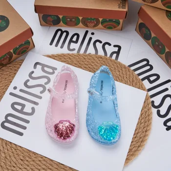 Летние новые Хрустальные желейные туфли Mini Melissa для девочек; Милая детская пляжная обувь с блестящими ракушками; Детские Плетеные сандалии с птичьим гнездом;