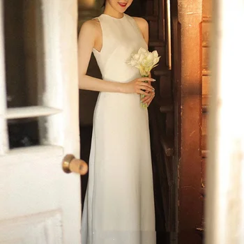 Простое и элегантное вечернее платье, свадебное платье для женщин, свадебное платье для фотосъемки, весеннее белое простое атласное вечернее платье
