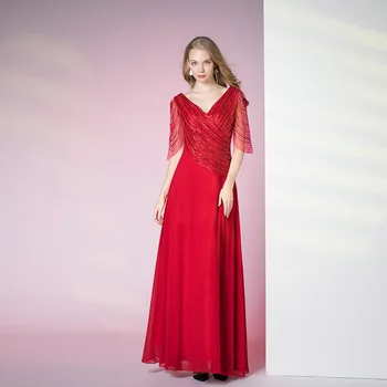 В наличии Элегантные красные Длинные шифоновые платья для выпускного вечера с V-образным вырезом, расшитые бисером, молния сзади, вечернее женское платье для вечеринок YQLNNE