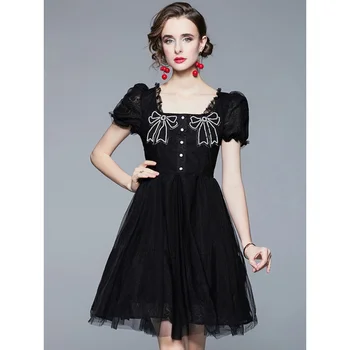 Летние платья, черное винтажное кружевное платье принцессы с цветочной вышивкой, сетчатое платье в стиле пэчворк, расшитое бисером и бантом, бальные платья в стиле ампир