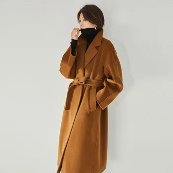 Осенне-зимняя новинка M family, двусторонняя ткань, разрезной лацкан, расшитый бисером край, шерстяное длинное пальто, женское пальто