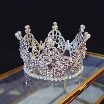 Роскошная круглая корона королевы Принцессы с кристаллами и жемчугом для девочек Диадема Украшение для волос на день рождения детей
