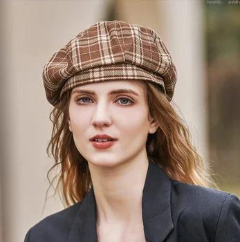 Модный берет в стиле ретро для женщин осенью и зимой, Новая восьмиугольная шляпа в британскую клетку, Универсальная теплая Шапка для лица