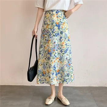Юбка с цветочным рисунком, весна-осень, Летняя женская драпированная юбка 2023, юбка средней длины, Шифоновая одежда для беременных с высокой талией