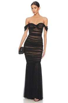 2023 Новое летнее женское сексуальное сетчатое модное облегающее длинное платье с открытыми плечами без бретелек, элегантное платье для празднования вечеринки