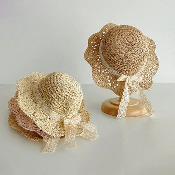 Летняя пляжная соломенная шляпа для маленьких девочек с широкими полями, тканая Детская солнцезащитная кружевная шапочка с бантом, детские рыбацкие шляпы принцессы Gorro